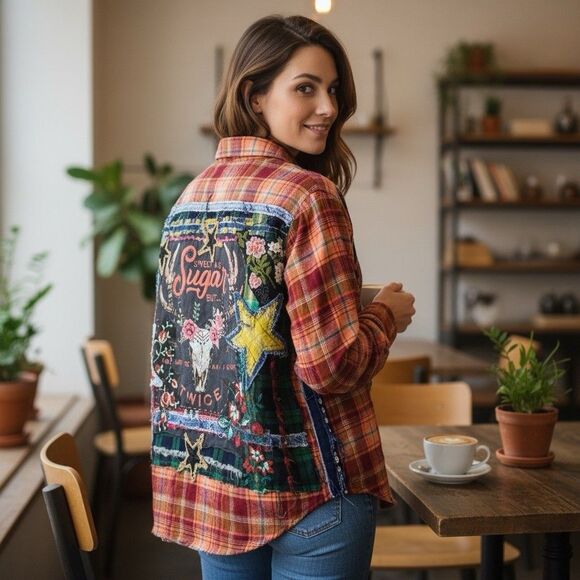 Upcycled Flannel Shirt Shacket Womens L Orange Grunge Patchwork Folk Art Skull - Picture 12 of 16